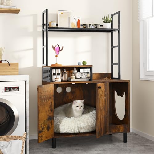 YITAHOME Cat Litter Box Enclosure with Shelves Storage, 54" Hidden Litter Box Furniture with Cat Bowl and Cat Litter Mat, Rustic Brown Rustic Brown 54