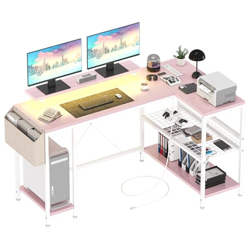 Garvee L Shaped Computer Desk with Power Outlets & LED Light, Reversible Corner Desk with Storage Shelves & Monitor Stand, MDF, Metal Frame, Adjustabl