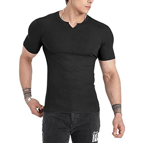 Muscle Cmdr Men's Henley Long&Short Sleeve T-Shirt Slim Fit V Neck Shirts Stretch Tee Casual Underwear Athletic Medium Weight Small 1-black-short
