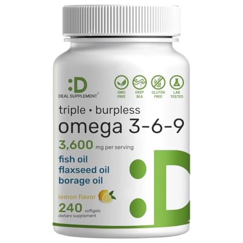 Triple Omega 3-6-9 Fish Oil Supplements 3,600mg – 240 Softgels with Flaxseed Oil & Borage Oils Complex – High EPA + DHA – Burpless Pills, Lemon