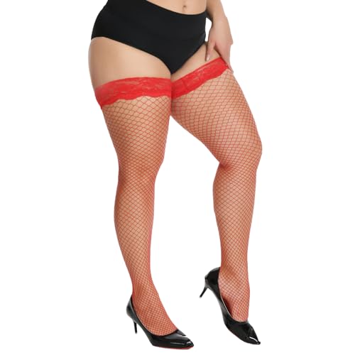 MANZI Women's Plus Size Fishnet Thigh High Stockings Silicone Lace Top Sheer Over Knee Stockings Stay Up Lingerie Tights 3X-Large-4X-Large Plus Red