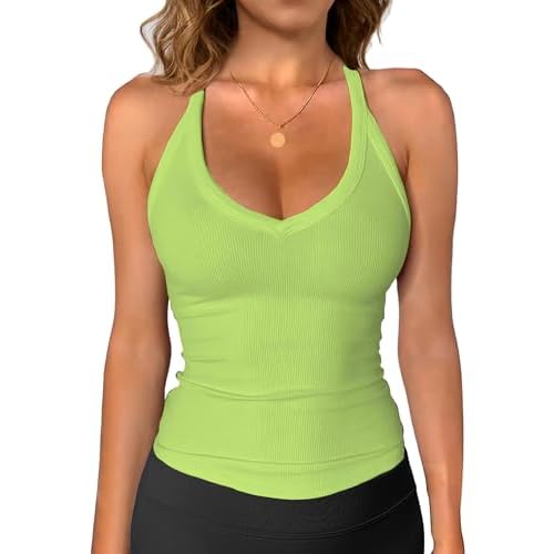 iGENJUN Workout Tops for Women Racerback Basic Tank Summer 2025 Camisole V Neck Slim Fit Ribbed Sleeveless Small Lime Neon Green
