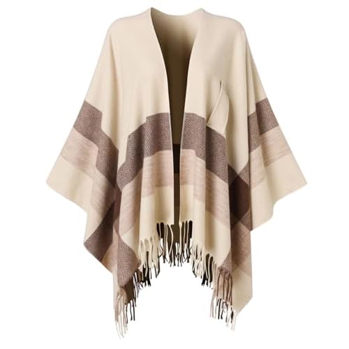 Ferand Women's Elegant Shawl Wraps Plaid Fringe Poncho Cozy Soft Blanket Scarf for Fall Winter Beige