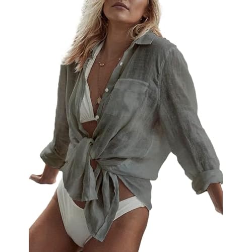 Bsubseach Women Long Sleeve Beach Shirt Blouses Bathing Suit Cover Up Button Down Collar G-grey