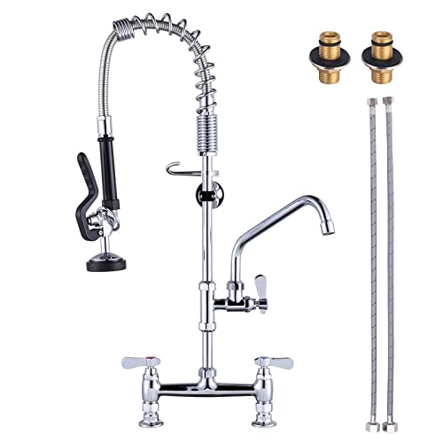 Commercial Kitchen Faucet Deck Mount with Pre-Rinse Sprayer 26" Height Kitchen Sink Faucet 8 Inch Center with 10" Add-on Swing Spout Faucet & Coiled S