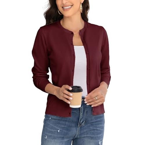 Women's Crew Neck Button Down Long Sleeve Cardigan for Women Classic Soft Knit Ladies Cardigan Sweater Coat Medium Wine Red