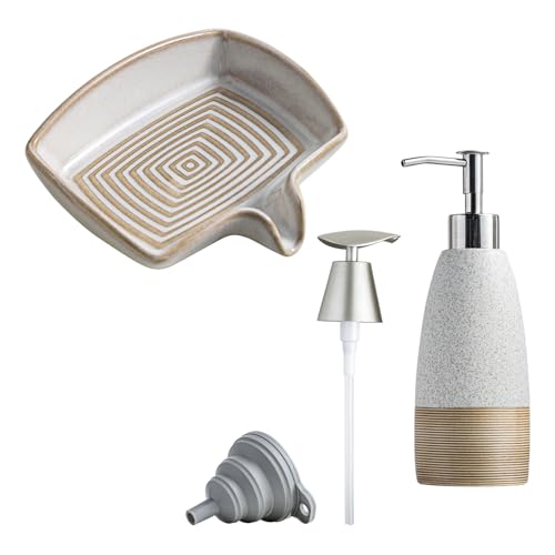 Ceramic Shower Soap Dish with Waterfall Design & Soap Dispenser with 2 Pumps, Ceramic Hand Soap Bottle for Shampoo