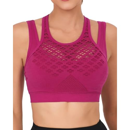 RUNNING GIRL Sports Bras for Women High Support,Seamless Ribbed Longline High Neck Sports Bra Racerback Padded Crop Top Yoga Small A-hot Pink