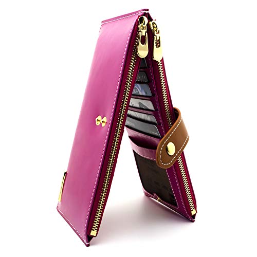 ANDOILT Women's Genuine Leather Wallet RFID Blocking Credit Card Holder Zipper Purse Cell Phone Handbag One Size Rose-Red & Brown Closure