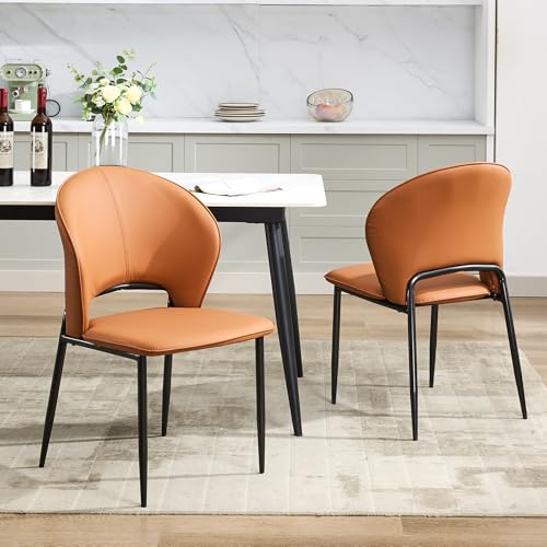 Dining Chairs Set of 2 Mid Century Modern Upholstered Chair with Metal Legs Faux Leather Mid-Back Accent Chair for Kitchen and Dining Room (Brown,2 Pa