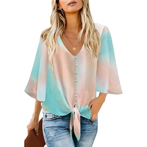 luvamia Women's V Neck Tops 3-4 Sleeve Tie Knot Floral Blouses Button Down Shirts Medium Tye Dye Aqua