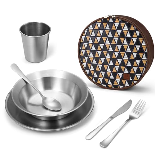Odoland Camping Cutlery Set with Portable Pouch Case, Stainless Steel Tableware Kit Travel Utensil Set with Bag All-in-1 Flatware Kit for Hiking and P