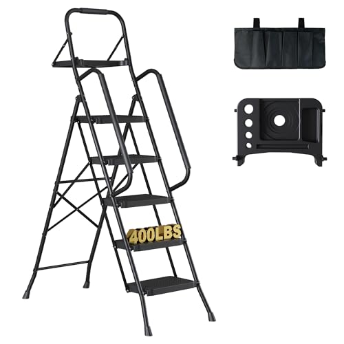 BONTEC 5-Step Ladder, 400lbs Max Load, Folding Step Stool with Tool Tray, Tool Bag, Handrails, Wide Anti-Slip Pedals, Sturdy Steel Ladder for Househol