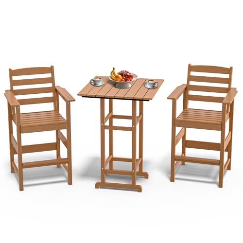 Adirondack Bar High Chair Set 3-Pieces,Adirondack Bar Chairs Set of 2 with Table,HDPE All-Weather Patio Furniture for Balcony, Backyard, Poolside –T