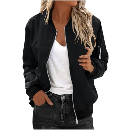 Womens Classic Fall Bomber Jacket, Lightweight Water-Resistant Flight Coat, Casual City Outerwear A01 Black X-Large