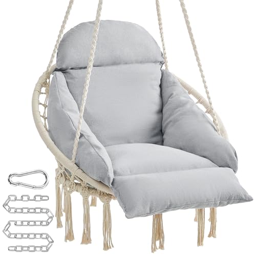 SONGMICS Hanging Chair, Hammock Chair with Large, Thick Cushion, Boho Swing Chair for Bedroom, Patio, Balcony, Garden, Holds up to 264 lb, Accessories