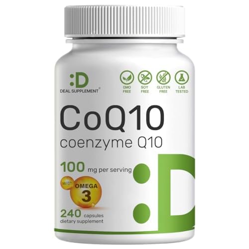 DEAL SUPPLEMENT CoQ10 100mg with Omega 3 100mg, 240 Capsules | Bioavailable Coenzyme Q10 Formula | Supports Heart, Energy & Brain Health | Antioxidant