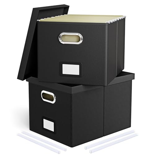 2 Pack File Storage Organizer Box, Portable Filing With Lid, Fit for Letter-Legal Folder Storage, Black (Leather) Black(Leather) 2 pack