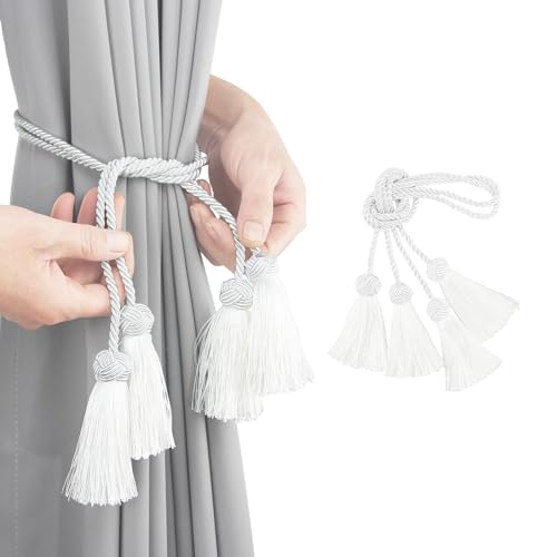 Elegant Curtain Tiebacks Rope Decorative Curtain Tie Backs for Drapes Hand Woven Window Treatment Holdbacks with Tassel, White 2pack