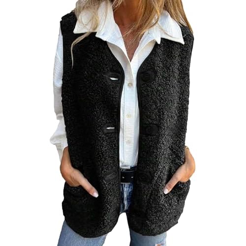 Womens Sherpa Vest Sleeveless Fleece Jacket Warm Fuzzy Coat Casual Winter Outerwear Dark Black X-Large