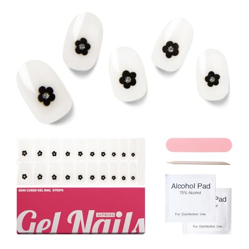 Semi Cured Gel Nail Strips, 20 PCS Gel Nail Stickers Work with UV Light, Gel Nail Wraps, Salon Quality & Easy to Use - Midnight Floral