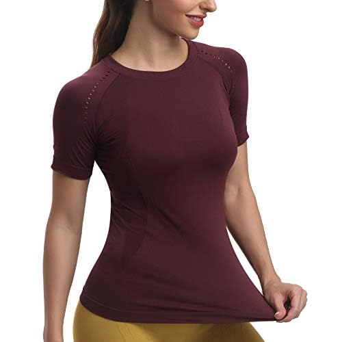 RUNNING GIRL Seamless Workout Shirts for Women，Short Sleeve T-Shirt Stretch Tees Quick Dry Gym Athletic Tops Large Dark Plum