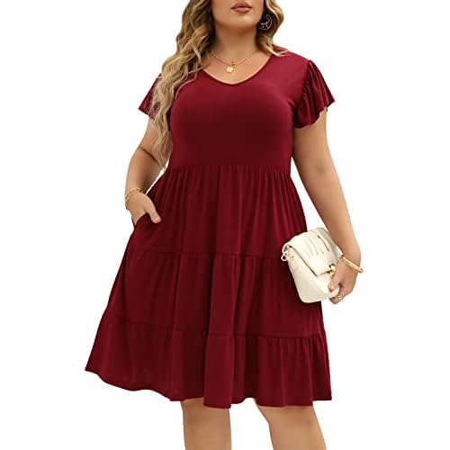 Celkuser Womens Plus Size Casual Summer Dresses Ruffle Sleeve Tiered Swing Midi Dress with Pockets 14 Plus Wine