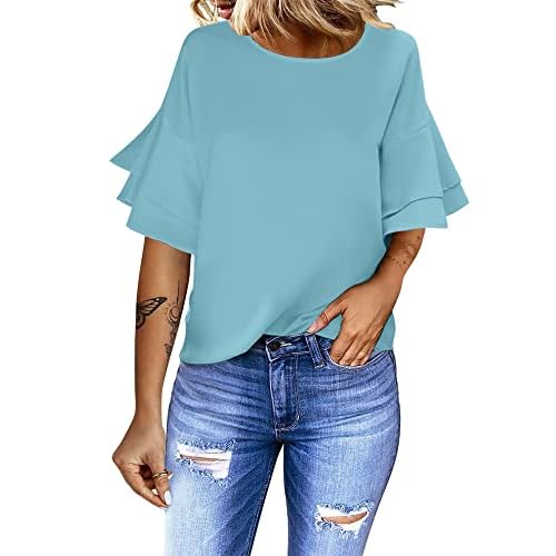 luvamia Women's Casual 3-4 Tiered Bell Sleeve Crewneck Loose Tops Blouses Shirt XX-Large A1 Crystal Blue