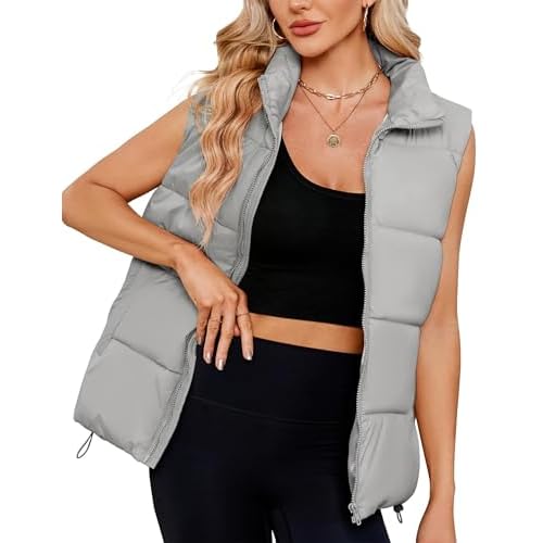 Women Quilted Puffer Vest Sleeveless Jacket Zip Up Stand collar Lightweight Outerwear with Pocket 2025 Trendy Plain Grey Small