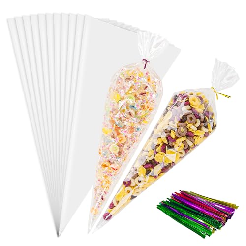 NPLUX 100 Pack Clear Cellophane Bags Cone Shaped Cellophane Treat Bags with Ties for Candy Popcorn Cookie Small Gift Wrapping(6.3x11.8 Inches) 6.3x11.