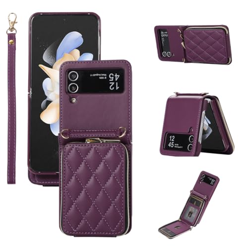 for Samsung Galaxy Z Flip 3 Zipper Wallet Case with Card Holder, 4 Card Slots Large Capacity and Multiple Style Lanyards.(Darkpurple) DarkPurple Samsu