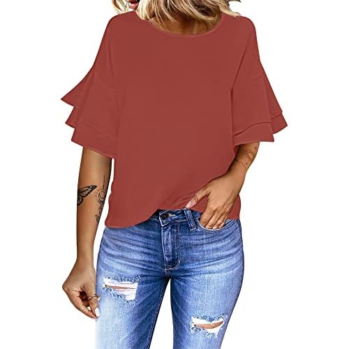 luvamia Women's Casual 3-4 Tiered Bell Sleeve Crewneck Loose Tops Blouses Shirt Small A1 Cranberry