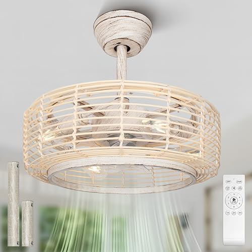 20" Boho Rattan Fandelier, Rustic White Metal & Wicker Caged Ceiling Fan with Lights & Remote, 4" & 8" Downrods Slop Ceiling, Bladeless-Low Profile-6-