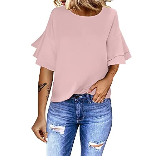 luvamia Women's Casual 3-4 Tiered Bell Sleeve Crewneck Loose Tops Blouses Shirt Large A1 Ballerina Pink