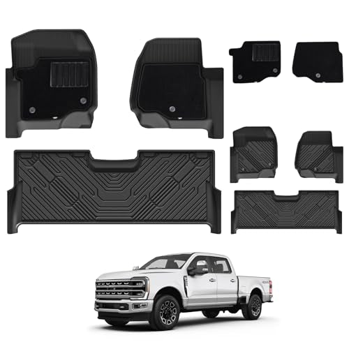 3W Floor Mats & Front Carpet for Ford Super Duty Crew Cab F-250 & F-350 & F-450 & F-550 (2017-2024 2025), All-Weather Storage TPE 1st & 2nd Row Liners