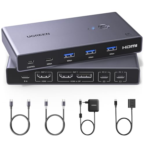 UGREEN USB-C KVM Switch 2 PC 2 Monitore 4K@60Hz, USB C Switch 2 Inputs 2 Outputs mit 4 USB 3.0 Ports, 2 Laptops teilen sich zwei Monitore Tastatur, Ma