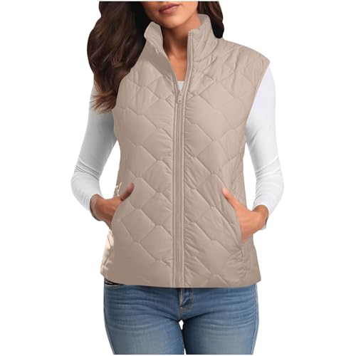 Womens Quilted Vest Lightweight Zip Up Puffer Sleeveless Autumn Outerwear Casual Body Warmer with Versatile Collar A02 Beige Small