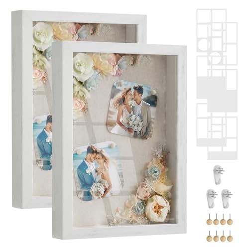 SONGMICS Shadow Box Frame, Set of 2, 1.3-Inch Deep Memory Display Case for Desk Wall Decor, Box Picture Photo Frame with 8 Wood Push Pins, 6 Mats, 3 N