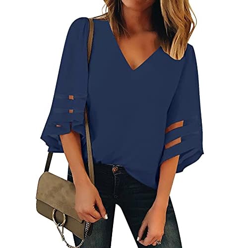 luvamia Women's Casual V Neck Blouse 3-4 Bell Sleeve Mesh Panel Shirts Loose Top Large C Insignia Blue