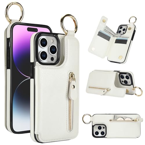 for iPhone 15 Pro Wallet Case with Zipper and Credit Card Holder, Cash Slot, PU Leather Magnetic Clasp Kickstand Heavy Duty Ring Protective Cover.(Whi