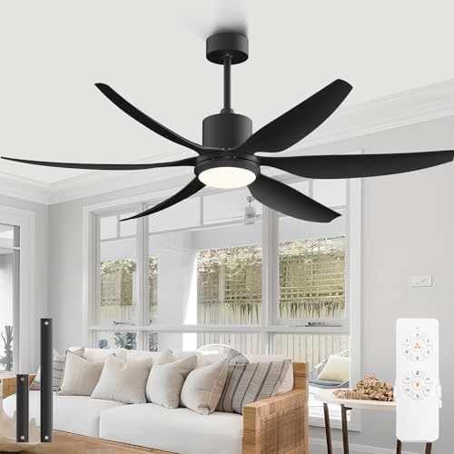 Mid-Century 66" Large Ceiling Fan with Light & Remote Control in Matte Black, 6 Blades 6-speed Low Profile Ceiling Fan Fixture, for Dining Room Bedroo