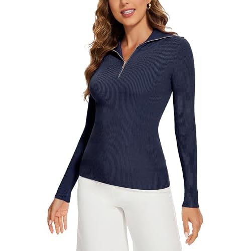Women's 2024 Fall Quarter Zip Lapel V Neck Long Sleeve Ribbed Knit Casual Slim Pullover Sweater Tops Navy Small
