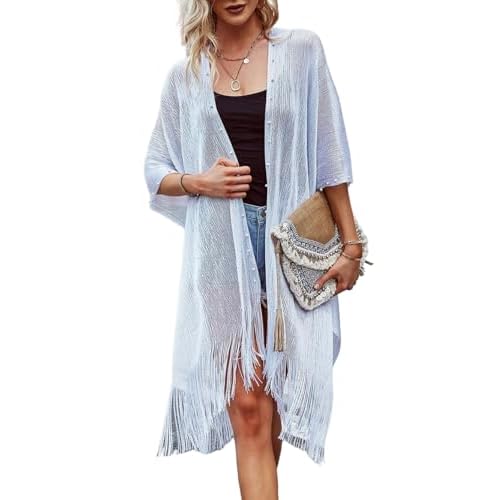 Ferand Women's Pearl Fringe Kimono Cardigan Sheer Loose Swim Cover Up for Beach, Pool, and Vacation Silver