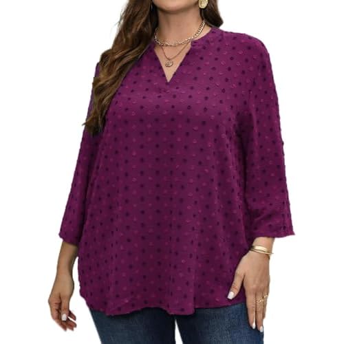 MSHING Womens Plus Size Blouses Summer Three-Quarter Sleeve V Neck Loose Casual Shirts(0X-5X) Large Plus Rose Red