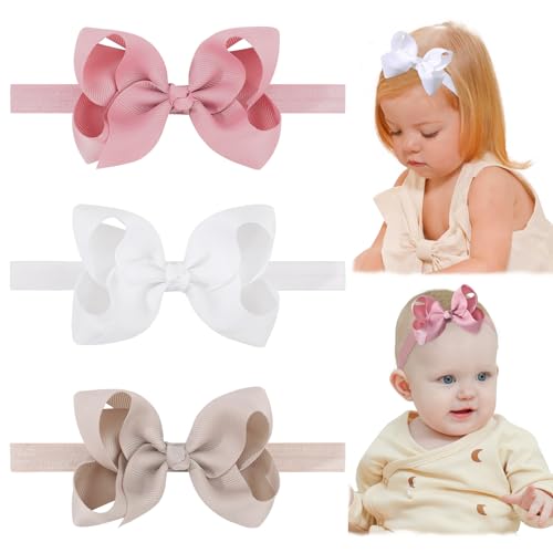 jollybows Baby Girls Headbands, 3 PCS 4in Grosgrain Ribbon Hair Bows - White, Cream, Pink, for Baby Girls Infants Toddler Kids Teens and Children 9- W