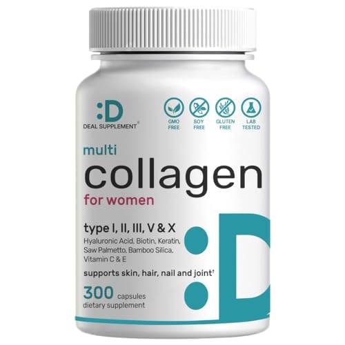 Multi Collagen Pills with Vitamin C, E & Biotin, 300 Capsules – Hydrolyzed Collagen Peptides – 11 in 1 Formula with Saw Palmetto, Bamboo Silica, &