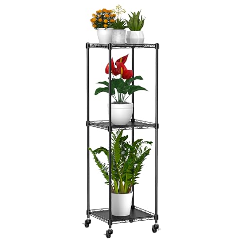 Abimars 45'' Plant Stand with Wheels, Shelf Height Adjustable Metal Plant Shelf for 3 Potted Plants, DIY Assembly Indoor & Outdoor Plant Display Rack