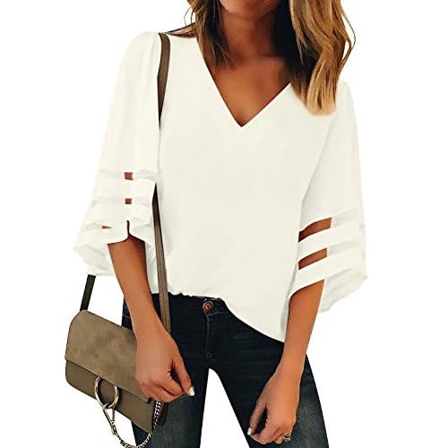 luvamia Women's Casual V Neck Blouse 3-4 Bell Sleeve Mesh Panel Shirts Loose Top Small A Bright White