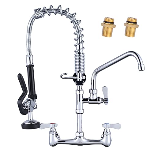 Commercial Kitchen Faucet Wall Mount with Pre-Rinse Sprayer 21" Height Wall Mount Kitchen Sink Faucet 8 Inch Center with 10" Add-on Swing Spout Faucet