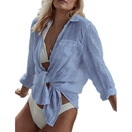 Bsubseach Women Long Sleeve Beach Shirt Blouses Bathing Suit Cover Up Button Down Collar G- Cyan